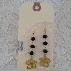 Gold Floral Charm Black Faceted Beads Dangle Earrings